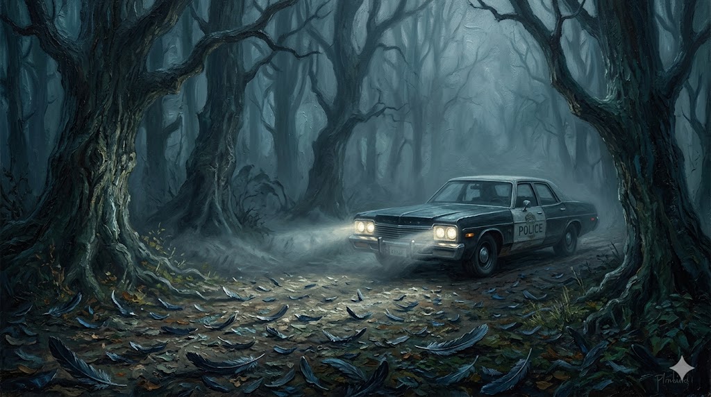 霧の深い森の中で、古い警察車両がライトを点灯させ、不気味な影を落としている油絵