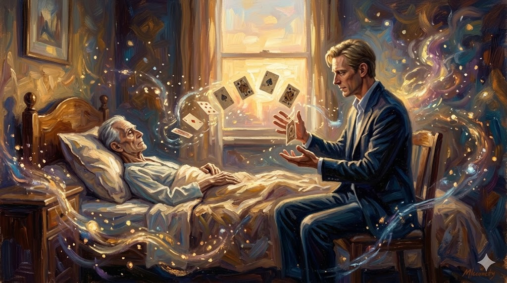 夕暮れの寝室でトランプを広げる魔術師と老人