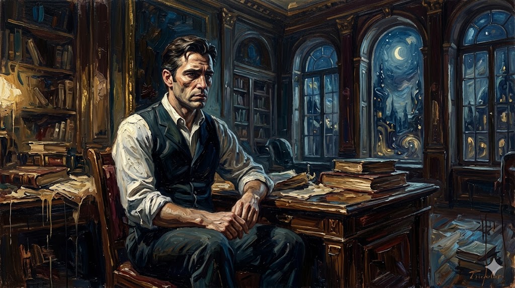 憂いを含んだ表情で窓の外を眺める三つ揃えのスーツを着た金髪の男。重厚な油絵風