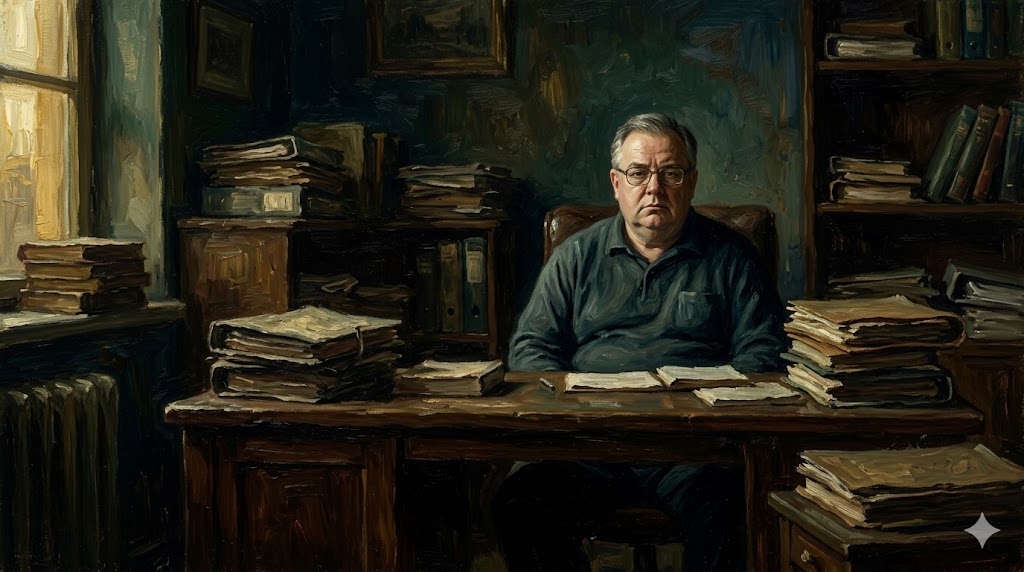 執務室で鋭い視線を送る重量級の内部調査官