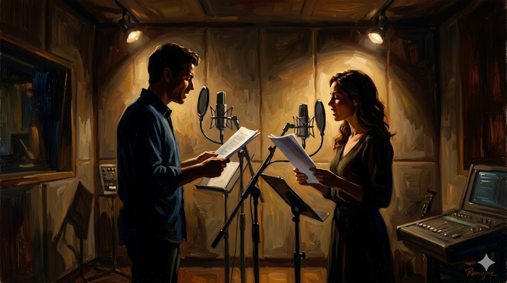 アフレコスタジオでマイクに向かう、プロフェッショナルな男女のシルエット