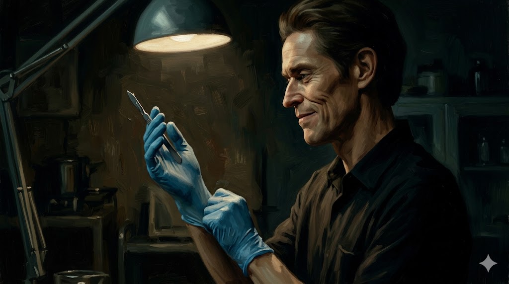 不気味な雰囲気を持つ鑑識官が事件現場で作業している様子