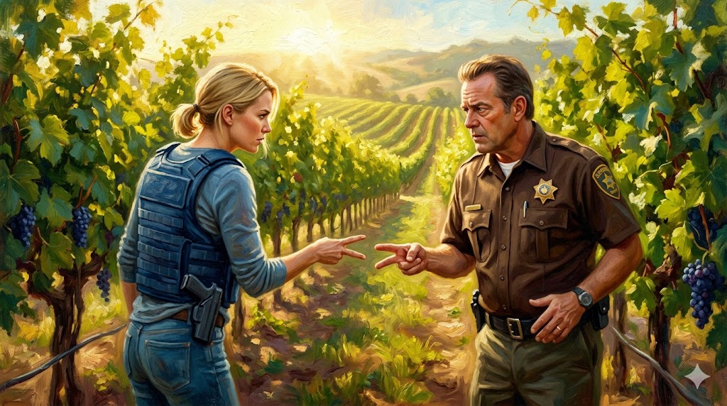 ブドウ園で対峙する保安官と金髪の男性コンサルタント