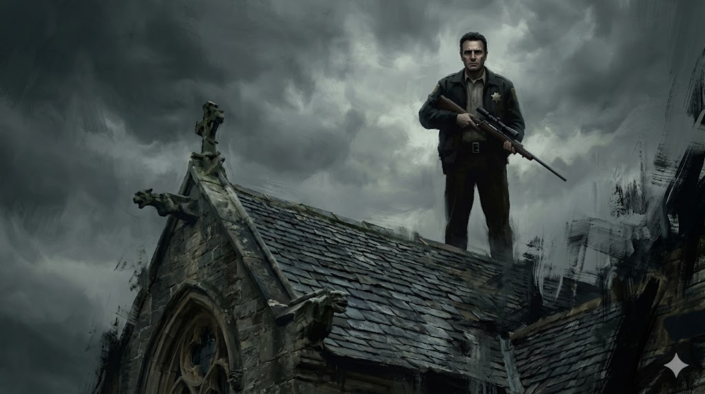 教会の屋根の上でライフルを構える冷徹な保安官