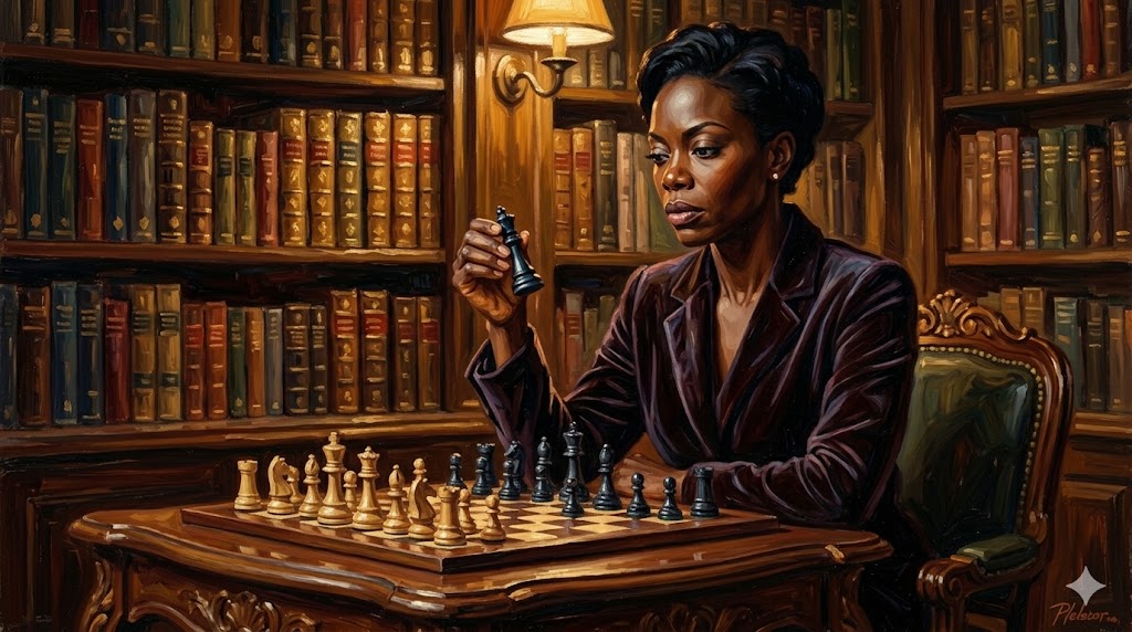 チェスの駒を見つめ、次の戦略を練る知的な女性