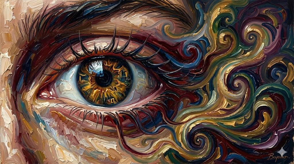 相手の表情の微細な変化を鋭く見つめる、知性的な瞳のクローズアップ。幻想的な油絵風