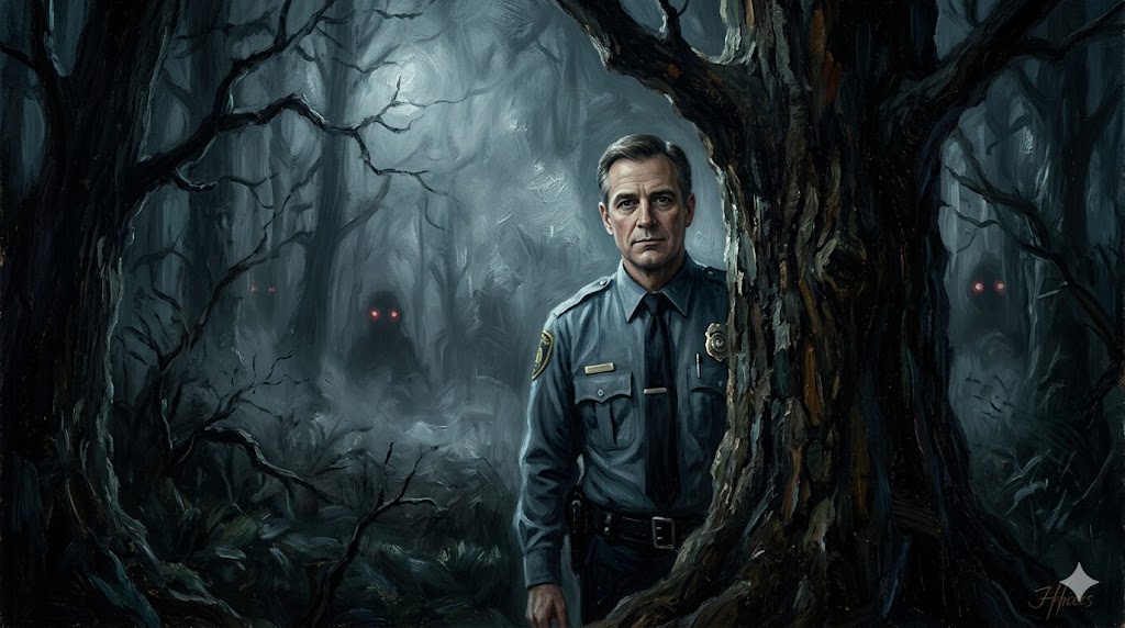 深い霧の立ち込める森の中で、古い警察官の制服を着た男が冷たく微笑んでいる油絵