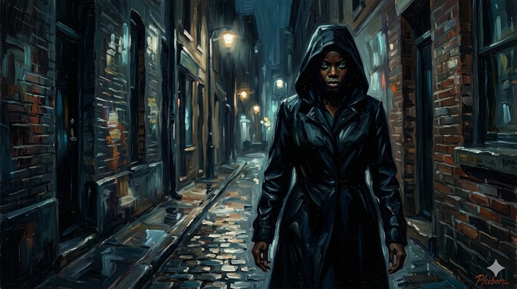 暗い路地裏で、フードを被り周囲を警戒する女性