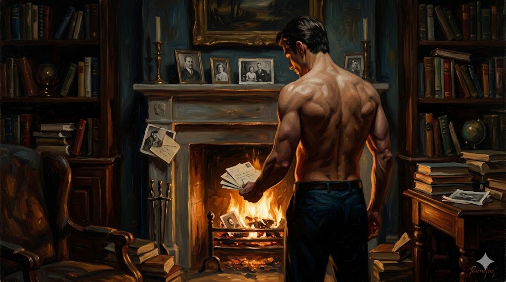 古い手紙や写真を暖炉の火で燃やし、過去を清算しようとする男の背中