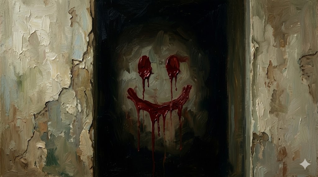 超幻想的で夢のような重厚な油絵風、壁に描かれた不気味な赤い笑顔のマーク