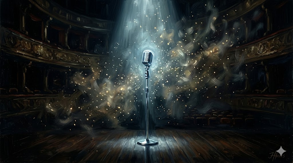 クラシックな舞台の上に、輝くシルバーのマイクが一本置かれている幻想的な油絵