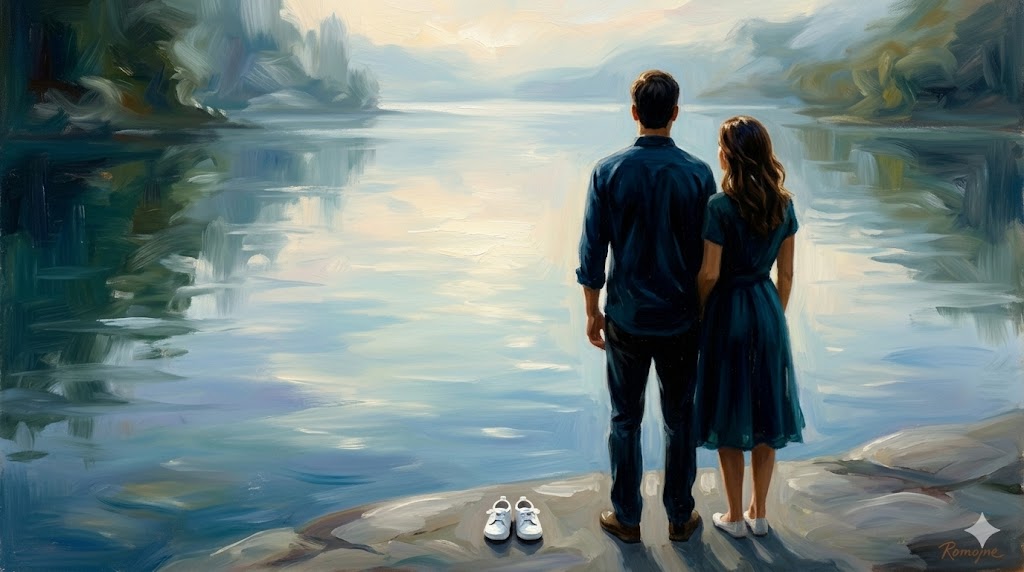 湖を見つめる男女の後ろ姿と、その足元で揺れる小さな子供用の靴