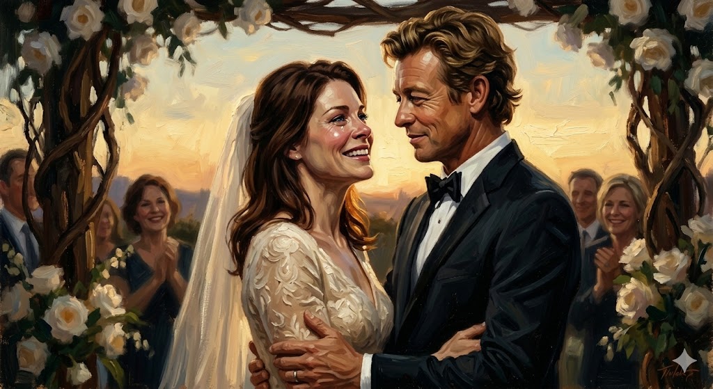 ウェディングドレスを身に纏い、ジェーンと見つめ合う幸せいっぱいのリズボン