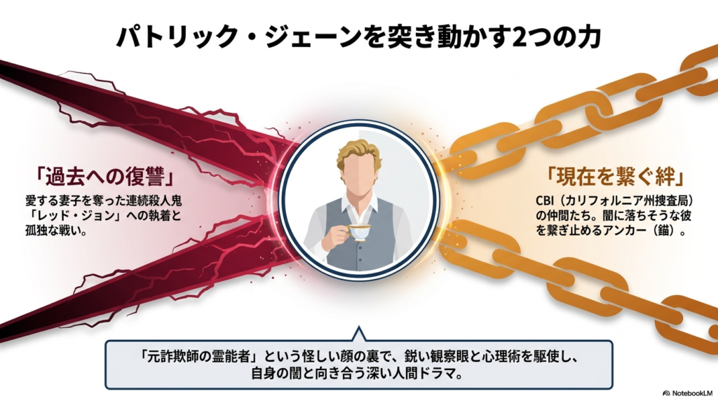 パトリック・ジェーンの原動力であるレッド・ジョンへの復讐と、CBIの仲間との絆を対比させた概念図。