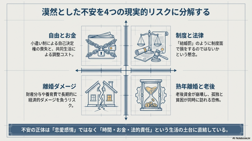 自由とお金、制度と法律、離婚ダメージ、熟年離婚と老後の4つのリスクを分解したマトリクス図。