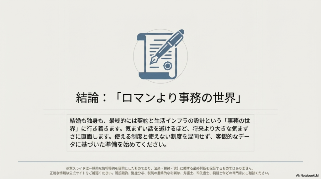 結婚も独身も最終的には契約とインフラ設計という「事務の世界」であるという結論と、専門家への相談を促すスライド。