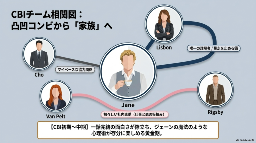 ジェーン、リズボン、チョウ、リグスビー、ヴァンペルトの5人の関係性を示す相関図。