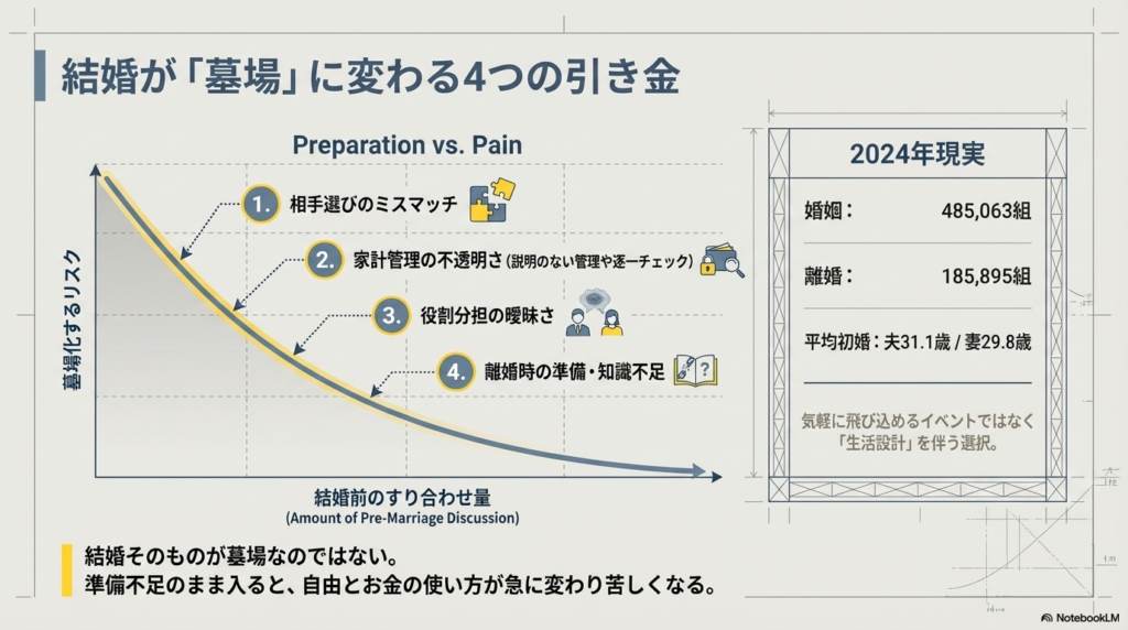 相手選び、家計管理、役割分担、離婚時の準備不足という「墓場化」の引き金と、事前のすり合わせの重要性を示すグラフ。