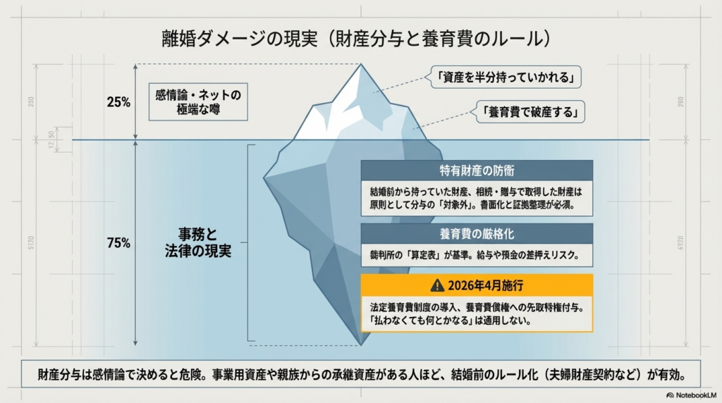 特有財産の防衛、養育費の算定表基準、および2026年4月施行の法定養育費制度を解説した氷山モデルの図。