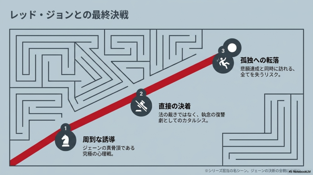 ジェーンがレッド・ジョンを追い詰め、直接の決着をつけるまでのプロセスと、その後に訪れる孤独のリスクを解説した図。
