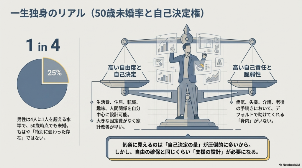 男性4人に1人が未婚である現状と、高い自由度の一方で助けてくれる身内がいない脆弱性を天秤で示した図。