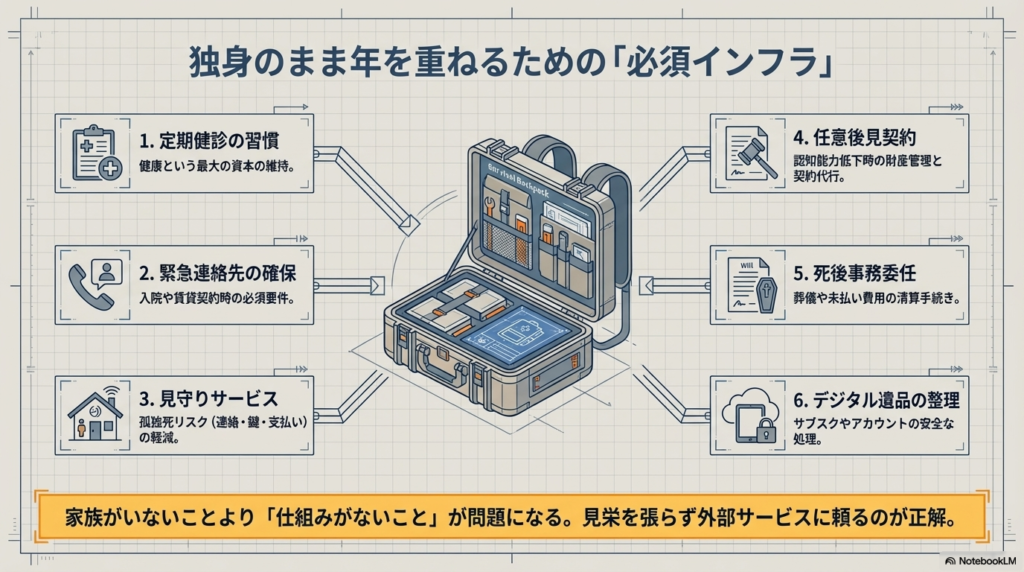 定期健診、緊急連絡先、見守りサービス、任意後見契約、死後事務委任、デジタル遺品整理の6項目をまとめた図。