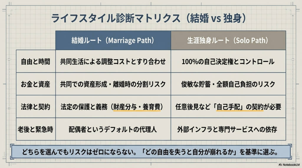 自由・お金・法律・老後の各論点における、結婚ルートと生涯独身ルートの違いをまとめた比較表。