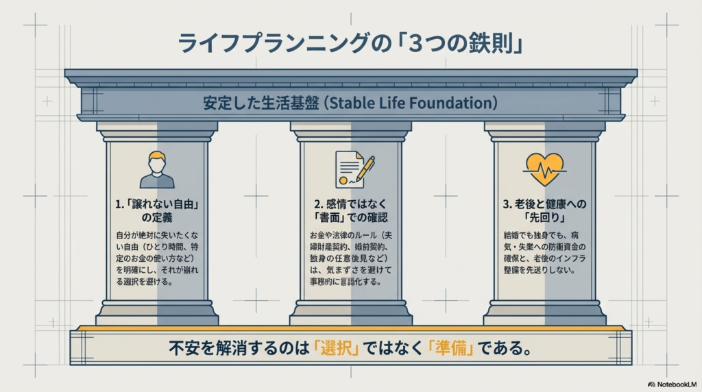 譲れない自由の定義、書面での確認、老後と健康への先回りという、安定した生活基盤を支える3つの柱の図。