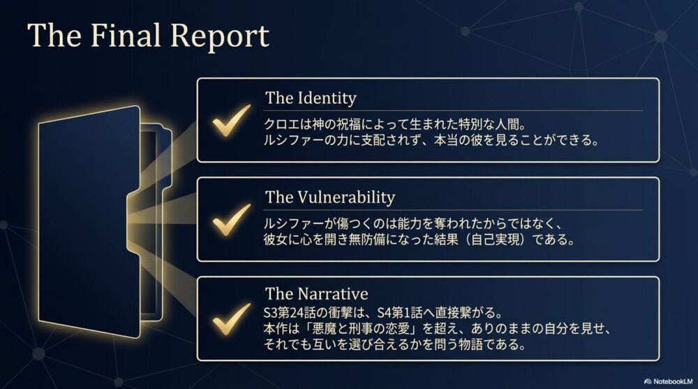 記事全体のまとめスライド。「The Identity（クロエは神の祝福による特別な人間、本当の彼を見られる）」、「The Vulnerability（ルシファーの負傷は心を開いた結果の自己実現）」、「The Narrative（S3第24話の衝撃はS4第1話へ直接繋がる。本作はありのままの自分を見せ、それでも互いを選び合えるかを問う物語）」という3つの要約（The Final Report）が記載されています。