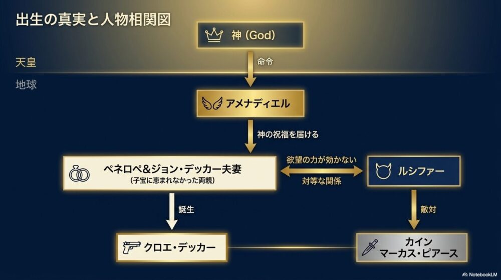 神、アメナディエル、ペネロペ＆ジョン・デッカー夫妻、クロエ、ルシファー、カイン（マーカス・ピアース）の関係性を示す相関図。神からアメナディエルへの命令と祝福、クロエの誕生、ルシファーとクロエの「対等な関係（欲望の力が効かない）」、そしてカインとの敵対関係が矢印で視覚化されています。