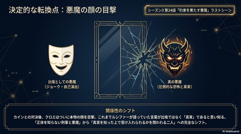 鏡が割れて中から悪魔の顔が現れたイラスト。「比喩としての悪魔（ジョーク・自己演出）」から「真の悪魔（圧倒的な恐怖と真実）」への変化を表しており、シーズン3第24話のラストでクロエが悪魔の顔を目撃したことで、「正体を知らない刑事と悪魔」から「真実を知った上で受け入れられるかを問われる二人」へ完全なシフトが起きたことを解説しています。
