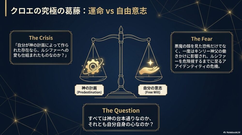 「神の計画（Predestination）」と「自分の意志（Free Will）」が天秤にかけられているイラスト。自分が神の計画で作られた存在ならルシファーへの愛も仕組まれたものなのかという危機、すべては神の台本通りなのかという疑問、キンリー神父に影響されてルシファーを危険視するアイデンティティの危機について解説しています。