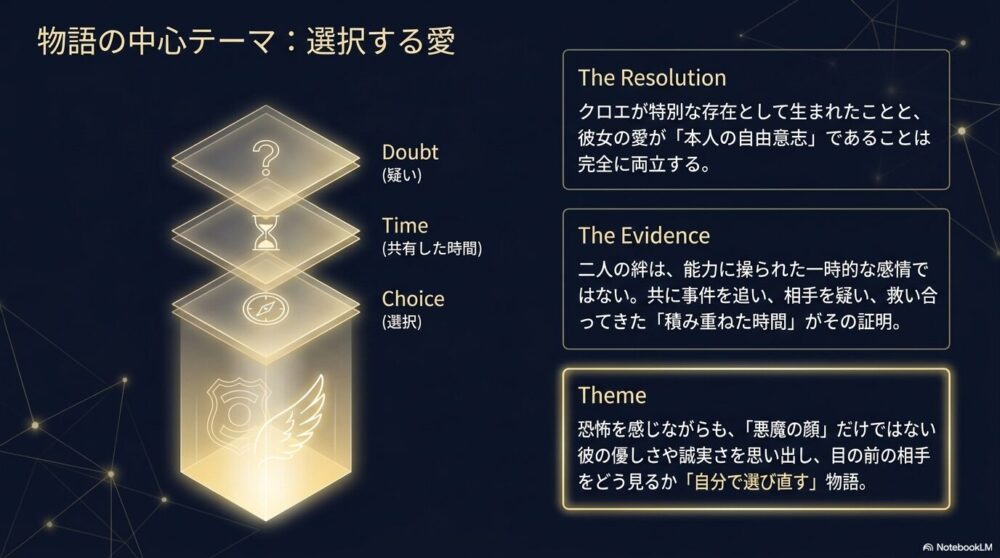 疑い（Doubt）、共有した時間（Time）、選択（Choice）のステップを経て、天秤の自由意志側が輝いているイラスト。クロエの誕生が特別であっても彼女の愛は自由意志であり、共に事件を追い救い合ってきた「積み重ねた時間」がその証明であること、恐怖を感じながらも目の前の相手をどう見るか「自分で選び直す」物語であることが解説されています。
